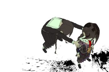 Rule 34 | 2girls, black blood, black hair, black serafuku, black shirt, black shoes, blood, blood on clothes, blood splatter, braid, clenched hands, danganronpa: trigger happy havoc, danganronpa (series), dual persona, flat color, from above, fukawa toko, full body, genocider shou, glasses, hair between eyes, hamuseutta, hands on another's shoulders, highres, loafers, long hair, long skirt, long sleeves, long tongue, multiple girls, neckerchief, pleated skirt, pool of blood, red neckerchief, sailor collar, school uniform, serafuku, shirt, shoes, skirt, socks, tongue, tongue out, twin braids, very long hair, very long tongue, white background, white sailor collar, white socks