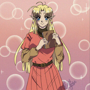1990s_(style) 1girl ahoge anime_coloring belt blonde_hair blue_eyes book brown_belt deltaflareon dress earrings elf fake_screenshot film_grain flat_chest holding holding_book jewelry long_hair long_sleeves looking_at_viewer lotte_farona official_art orange_dress orange_shirt parody parted_bangs pointy_ears retro_artstyle shirt signature smile solo sparkle style_parody ways_of_darkness_(series)