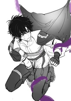 1boy absurdres alternate_costume antenna_hair belt black_hair blush boots cape cheng_xiaoshi chest_belt clenched_teeth collared_shirt crying crying_with_eyes_open fingerless_gloves gloves greyscale highres kneeling male_focus monochrome pants parted_lips qianmo_saya sash shiguang_dailiren shirt short_hair simple_background solo spot_color sweat sweatdrop tears teeth tentacles tentacles_on_male thigh_belt thigh_strap white_background