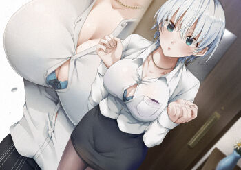 1girl absurdres black_pantyhose black_skirt blue_bra bow bow_bra bra breasts brown_pantyhose button_gap cleavage collarbone collared_shirt commentary_request door dress_shirt editor_(kankin_jk) emphasis_lines green_eyes grey_hair hair_between_eyes hands_up highres indoors medium_breasts mishiranu_joshikousei_ni_kankin_sareta_mangaka_no_hanashi original pantyhose parted_lips popped_button ryouma_(galley) shirt skirt solo thighs underwear white_background white_shirt zoom_layer