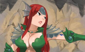 1girl alternate_costume arm_tattoo blue_tattoo breasts brown_eyes erza_scarlet fairy_tail fins gaston18 gauntlets green_gauntlets head_fins highres large_breasts long_hair looking_to_the_side open_mouth red_hair solo tattoo upper_body