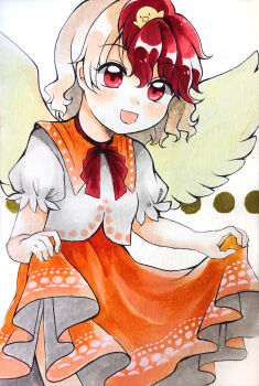1girl absurdres animal animal_on_head baby_animal bad_id bad_pixiv_id bird bird_on_head bird_wings blonde_hair chick commentary_request dress feathered_wings highres marker_(medium) mofumaa multicolored_hair niwatari_kutaka on_head open_mouth orange_dress red_eyes red_hair shirt skirt_hold solo touhou traditional_media two-tone_hair white_shirt wings yellow_wings