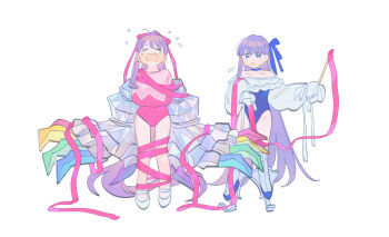 Rule 34 | 2girls, absurdly long hair, ballet, blue choker, blue one-piece swimsuit, blue ribbon, breasts, choker, claw (weapon), fate/extra, fate/extra ccc, fate/grand order, fate (series), frilled one-piece swimsuit, frills, highleg, highleg one-piece swimsuit, huge breasts, impossible clothes, leotard, long hair, long ribbon, long sidelocks, mechanical arms, meltryllis, meltryllis (fate), meltryllis (swimsuit lancer) (fate), meltryllis (swimsuit lancer) (second ascension) (fate), multiple girls, off-shoulder one-piece swimsuit, off shoulder, one-piece swimsuit, oneroom-disco, passionlip (fate), passionlip (swimsuit saber) (second ascension) (fate), pink leotard, pink ribbon, ponytail, prosthesis, prosthetic leg, purple hair, ribbon, sidelocks, single sidelock, sleeved leotard, sleeves past fingers, sleeves past wrists, strapless, strapless one-piece swimsuit, swimsuit, very long hair, weapon