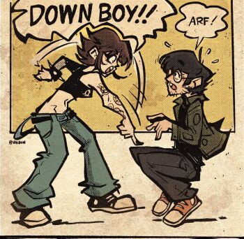 1boy 1girl archie_(comic) arm_tattoo artist_self-insert beard beard_stubble black_camisole black_pants blue_pants bracelet camisole comic_panel_redraw commentary crop_top derivative_work down_boy!!_(meme) english_commentary english_text face_piercing facial_hair glasses green_jacket highres hip_bones jacket jewelry lip_piercing lowleg lowleg_pants meme motion_lines nose_piercing original pants piercing pointing red_shoes shoes short_hair signature sneakers spiked_bracelet spikes squatting stubble tattoo toon_(style) valbun vans