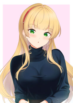 1girl :o absurdres alternate_costume blonde_hair blush breasts commentary_request green_eyes heanna_sumire highres large_breasts long_hair looking_at_viewer love_live! love_live!_superstar!! reisa-aisaka solo sweater turtleneck upper_body