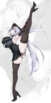 1girl absurdres arm_behind_head arm_up armpits arms_behind_head arms_up ballet bare_shoulders black_leotard breasts dress flexible full_body gloves grey_hair high_heels highres holding huge_breasts hz_(666v) incredibly_absurdres large_breasts leg_lift leg_up leotard long_hair looking_at_viewer original red_eyes shoes simple_background sleeveless sleeveless_dress solo split spread_legs standing standing_on_one_leg standing_split stomach strapless strapless_leotard thighhighs thighs twintails underwear very_long_hair white_background white_hair zoom_layer