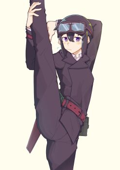 1girl absurdres belt belt_pouch black_hair black_jacket black_pants brown_belt closed_mouth commentary_request cowboy_shot crossdressing crossdressing_(mtf) expressionless goggles goggles_on_head grey_background highres jacket kino_(kino_no_tabi) kino_no_tabi kokuya_(kokuya28) long_sleeves looking_at_viewer pants pouch purple_eyes simple_background solo split standing standing_on_one_leg standing_split