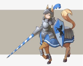 1girl animal_ears armor blonde_hair blue_eyes breastplate centaur closed_mouth commentary english_commentary faulds full_armor full_body gauntlets hair_between_eyes helmet highres holding holding_polearm holding_shield holding_weapon hooves horse_ears horse_tail knight lance looking_at_viewer monster_girl multiple_legs original pauldrons polearm shield shin_guards short_hair shoulder_armor sidelocks solo standing standing_on_three_legs tail taur tenescross twitter_username weapon