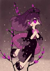 Rule 34 | 1girl, black kimono, branch, eyelashes, full body, glowing, gradient background, hair between eyes, hands on own chest, hyakkihime, japanese clothes, kimono, long hair, looking at viewer, nonana (mikudrop), open mouth, purple eyes, purple hair, sandals, solo, youkai watch