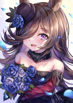Rule 34 | 1girl, akami770, animal ears, bare shoulders, blue flower, blue hat, blue rose, blush, bouquet, breasts, brown hair, collarbone, commentary request, dress, flipped hair, flower, fur choker, hair over one eye, hat, hat flower, highres, holding, holding bouquet, horse ears, horse girl, long hair, long sleeves, looking at viewer, off-shoulder dress, off shoulder, open mouth, purple eyes, rice shower (rosy dreams) (umamusume), rice shower (umamusume), rose, small breasts, smile, solo, tilted headwear, umamusume