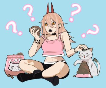 1girl ? ?? absurdres animal bare_shoulders black_choker black_nails black_shorts black_socks blonde_hair blue_background bowl bracelet cat choker commentary crop_top cross-shaped_pupils demon_girl demon_horns ear_piercing english_commentary english_text fangs hair_between_eyes highres holding horns indian_style jewelry long_hair meowy_(chainsaw_man) midriff multiple_bracelets open_mouth pet_bowl pet_food petting piercing power_(chainsaw_man) sailen0 shorts simple_background sitting socks strap_slip sweatdrop symbol-shaped_pupils yellow_eyes