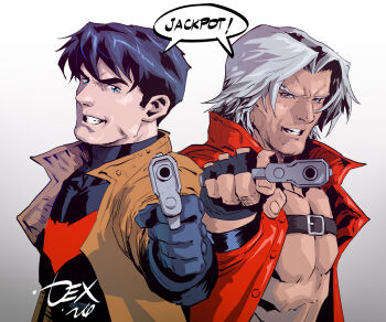 Rule 34 | 2boys, bat signal, batman (series), batman symbol, belt bra, black bodysuit, black hair, blue eyes, bodysuit, coat, crossover, dante (devil may cry), dc comics, devil may cry, devil may cry (series), devil may cry 3, dexter soy, ebony &amp; ivory, english text, fingerless gloves, gloves, holding, holding weapon, jacket, jason todd, looking at viewer, male focus, multicolored bodysuit, multiple boys, muscular, red coat, red hood (dc), red hood and the outlaws, scene reference, short hair, simple background, speech bubble, standing, superhero costume, taut bodysuit, two-tone bodysuit, upper body, weapon, western comics (style), white hair