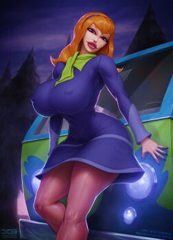 1girl artist_name barretxiii blue_car breasts car covered_erect_nipples daphne_blake dress green_car hairband huge_breasts long_hair looking_at_viewer motor_vehicle night orange_hair outdoors pantyhose pine_tree pink_pantyhose purple_dress purple_eyes purple_hairband red_lips scooby-doo solo tree two-tone_car van