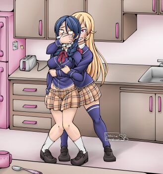 bare_legs breasts chloroform commentary english_commentary highres kidnapped kidnapping kitchen nakiri_erina naughty_face pigeon-toed plaid_clothes plaid_skirt rolling_eyes school school_uniform seductivebunneh shokugeki_no_souma skirt tadokoro_megumi thighhighs thighs