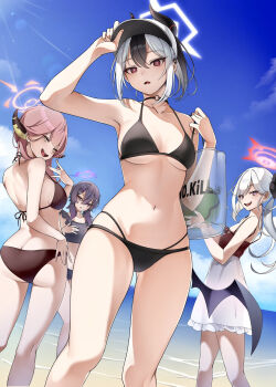 4girls alternate_costume armpits artistic_error aru_(blue_archive) ass bad_anatomy ball bare_legs bare_shoulders beachball bikini black_bikini black_hair blue_archive blue_sky bow breasts butt_crack cowboy_shot demon_girl demon_horns dress halo halterneck haruka_(blue_archive) highres holding holding_ball holding_beachball horns kayoko_(blue_archive) long_hair looking_at_viewer medium_breasts multicolored_hair multiple_girls mutsuki_(blue_archive) navel outdoors pointy_ears problem_solver_68_(blue_archive) purple_bow purple_eyes purple_hair purple_halo red_eyes red_hair red_halo revebw short_hair_with_long_locks sky small_breasts stomach string_bikini swimsuit thighs two-tone_hair wading white_dress white_hair white_halo yellow_eyes