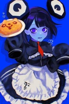 1girl alternate_costume apron black_hair blue_background blue_eyes blue_skin blue_theme blunt_bangs blunt_ends bob_cut colored_skin cosplay drooling ena:_dream_bbq ena_(dream_bbq) ena_(series) food frilled_apron frilled_skirt frills froggy_(ena) froggy_(ena)_(cosplay) hangover_ena highres hourglass_dog jersey_maid maid maid_apron necktie omelet omurice plate red_necktie simple_background skirt sleeves_past_fingers sleeves_past_wrists solo unconventional_maid usagimarumei waist_apron