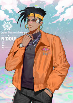 1boy absurdres bandaid bandaid_on_face bandaid_on_nose between_fingers black_hair black_sweater blue_background blue_nails chain chain_necklace cigarette closed_mouth cloud collared_jacket commentary copyright_name dark-skinned_male dark_skin earrings english_commentary eyebrow_piercing eyelashes face_piercing gold_earrings grey_eyes headband highres holding holding_cigarette hoop_earrings jacket jewelry jojo_no_kimyou_na_bouken lapels light_particles lips looking_ahead male_focus multiple_earrings multiple_rings n&#039;doul nail_polish necklace notched_lapels orange_jacket piercing ring short_hair smile solo sparkle spiked_hair stardust_crusaders stud_earrings sweater thick_eyebrows turtleneck turtleneck_sweater upper_body veela watch watermark weibo_watermark wristwatch yellow_headband