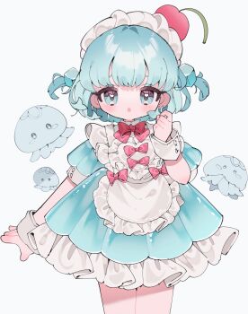1girl :o apron blue_background blue_dress blue_eyes blue_hair blush bow bowtie cherry commentary cowboy_shot cube_hair_ornament dress food frilled_apron frilled_dress frills fruit hair_ornament hand_up highres jellyfish looking_at_viewer maid_headdress open_mouth original red_bow red_bowtie short_hair short_sleeves simple_background solo two_side_up upa_papa_co white_apron wrist_cuffs