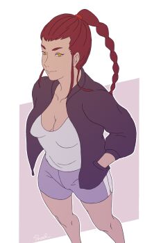 1girl absurdres breasts cleavage closed_mouth devilman devilman_crybaby eyebrows highres jacket kuroda_miki long_hair looking_at_viewer medium_breasts metadata ponytail red_hair shirt shorts simple_background smile solo white_background white_shirt yellow_eyes
