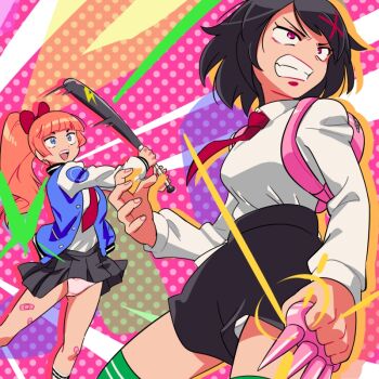 Rule 34 | 2girls, backpack, bag, bandaid, baseball bat, black hair, black skirt, blue jacket, bow, clenched teeth, green thighhighs, hair bow, hair ornament, jacket, kunio-kun series, kyoko (kunio-kun), long hair, long sleeves, m o (prftz), misako (kunio-kun), multiple girls, necktie, orange hair, panties, pink eyes, polka dot, polka dot background, ponytail, red bow, red hair, red necktie, river city girls, shirt, short hair, skirt, socks, spiked knuckles, teeth, thighhighs, underwear, white shirt, x hair ornament