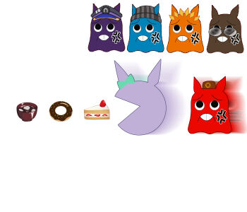 Rule 34 | 6+girls, afterimage, anger vein, beanie, black eyes, cake, cake slice, donut, dream journey (umamusume), ears through headwear, fenomeno (umamusume), food, gold ship (umamusume), hat, highres, mejiro mcqueen (umamusume), meso (zgmf-xv), multiple girls, nakayama festa (umamusume), no humans, orfevre (umamusume), pac-man, pac-man (game), shiruko (food), simple background, umamusume, umamusume tanuki, white background