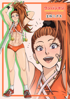 Rule 34 | 1girl, abs, adjusting hair, armpits, arms up, bandaid, bandaid on cheek, bandaid on face, brown hair, captain mizuki, closed mouth, earrings, flat chest, full body, gold medal, hand in own hair, high ponytail, highres, jewelry, kitahara kiyoshi, long hair, looking at viewer, muscular, muscular female, navel, one-punch man, open mouth, orange shoes, orange sports bra, pink background, pole vault, ponytail, purple eyes, shirt, shoes, short shorts, shorts, simple background, smile, sneakers, socks, solo, sports bra, standing, sweatband, swimsuit, teeth, thighs, tongue, upper teeth only, very long hair, white socks, zoom layer