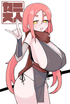 1girl arm_guards black_kimono black_panties blush breasts cleavage detached_sleeves fang fishnet_sleeves fishnets from_side hair_between_eyes hand_signs hikimayu huge_breasts japanese_clothes japanese_text kimono kosode long_hair low_twintails ninja open_mouth original panties pelvic_curtain pink_hair red_scarf sash scarf side-tie_panties sideboob skin_fang sleeveless sleeveless_kimono solo spacecrab standing sword twintails underwear weapon white_background yellow_eyes