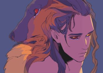 1boy absurdres animal bakushi_(smys2017) blue_background brown_hair colored_sclera commentary_request dual_persona highres long_hair looking_at_viewer madk male_focus owen_(madk) portrait purple_hair red_sclera simple_background wolf yellow_eyes