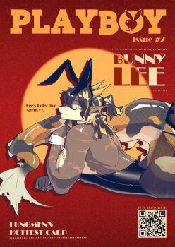 1boy animal_ears arknights bara black_leotard chinese_zodiac cover detached_collar dragon_boy dragon_horns english_text fake_animal_ears fins furry furry_male head_fins highres horns lee_(arknights) leotard looking_at_viewer lying magazine_cover male_focus male_playboy_bunny monster_boy multicolored_hair multiple_scars muscular muscular_male on_stomach playboy_bunny rabbit_ears red_background scar smile solo strapless strapless_leotard tail the_lycander wrist_cuffs year_of_the_dragon yellow_eyes