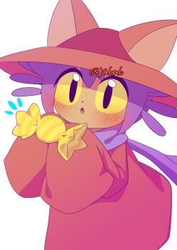1other :o absurdres androgynous animal_hat black_eyes blush brown_coat brown_hat candy cat_hat child coat colored_sclera commentary dot_nose food hat highres holding holding_candy holding_food ja6m6 long_sleeves medium_hair niko_(oneshot) notice_lines oneshot_(game) other_focus parted_lips purple_hair purple_scarf scarf sleeves_past_fingers sleeves_past_wrists solo symbol-only_commentary twitter_username white_background wrapped_candy yellow_sclera