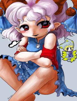 Rule 34 | 2girls, animal ear headwear, blonde hair, blue dress, blue tabard, blush stickers, chibi, chibi inset, commentary, crossed arms, curled horns, curly hair, detached sleeves, dress, earrings, fake animal ears, feet out of frame, fox girl, fox tail, frown, full body, hands in opposite sleeves, hat, highres, horn ornament, horns, indian style, jewelry, kitsune, meandros, medium hair, mob cap, multiple girls, ofuda, ofuda on clothes, parted lips, pointy ears, puff of air, red eyes, red sleeves, rusuban (yakumora n), short hair, sideways glance, single earring, sitting, sleeveless, sleeveless dress, symbol-only commentary, tabard, tail, touhou, toutetsu yuuma, white dress, white hair, yakumo ran, yellow eyes, zun (style)