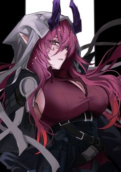 1girl arknights ascalon_(arknights) belt belt_buckle black_belt breasts brown_shirt buckle closed_mouth commentary_request grey_hood hair_between_eyes highres hood hood_up horns large_breasts long_hair looking_at_viewer multicolored_hair pink_eyes pink_hair pointy_ears purple_horns red_hair shirt solo soramaru_310 streaked_hair teardrop_facial_mark upper_body