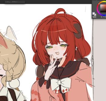 2girls animal_ears blonde_hair blush braid braided_twintails cardigan green_eyes hair_ornament highres long_hair looking_at_viewer multiple_girls rabbit_ears rabbit_girl red_hair shirt siomimi smile sphere_hair_ornament twintails ukinami_yuzuha zenless_zone_zero