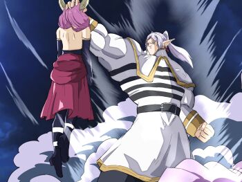 2girls alternate_size aura aura_(sousou_no_frieren) biceps blank_eyes broly_(dragon_ball_z) clenched_hand colored_skin creepy dragon_ball dragonball_z elf evil_smile frieren grabbing_another's_head highres horns long_hair m_s_paragus movie_reference multiple_girls muscular muscular_female nintendo no_eyes no_humans outdoors parody pointy_ears purple_hair scene_reference smile twintails what white_hair