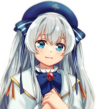 1girl blue_bow blue_eyes blue_hat blush bow cape celia_claire commentary_request gem grey_hair hat highres jewelry long_hair official_art own_hands_clasped own_hands_together red_gemstone seirei_gensouki smile solo two_side_up white_cape yufu_kyouko