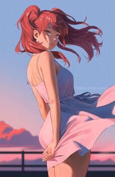 1girl ass bare_shoulders breasts brown_eyes brown_hair closed_mouth cloud commentary dress earrings english_commentary highres jewelry kujikawa_rise long_hair looking_at_viewer persona persona_4 robusta_mania skirt solo sunset twintails white_dress wind