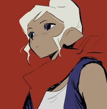 1girl bare_shoulders black_eyes blonde_hair blue_vest dark-skinned_female dark_skin highres nintendo pointy_ears red_background red_scarf scarf senzo6700 shirt simple_background sleeveless solo tetra the_legend_of_zelda the_legend_of_zelda:_the_wind_waker vest white_shirt