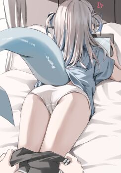 1girl 1other absurdres alternate_costume ass bed_sheet black_shorts blue_hair blue_shirt cameltoe clothes_pull fins fish_tail from_behind gawr_gura highres holding holding_tablet_pc hololive hololive_english indoors lying medium_hair multicolored_hair on_bed on_stomach panties pov pov_hands pulling_another&#039;s_clothes scarlet_(wv0102) shark_girl shark_tail shirt short_shorts short_sleeves shorts shorts_pull streaked_hair tablet_pc tail thighs underwear virtual_youtuber white_panties white_shirt