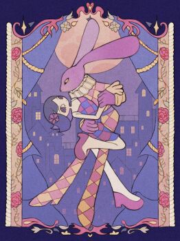 1boy 1girl alternate_costume animal_ears blue_eyes building checkered_clothes checkered_suit closed_mouth collar colored_sclera commentary dancing english_commentary expressionless formal_clothes frilled_collar frills hair_ornament high_heels highres holding_another's_wrist jax_(the_amazing_digital_circus) looking_at_another medieval moon multicolored_eyes pink_shoes pink_suit pomni_(the_amazing_digital_circus) purple_hair purple_sky rabbit_boy rabbit_ears red_eyes rope shoes short_hair sky suit taffimaya the_amazing_digital_circus two-tone_eyes window yellow_sclera yellow_suit