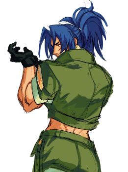 1girl ass blue_eyes blue_hair female_focus from_behind huge_ass lemon1034 lemon_1034 leona_heidern long_hair looking_at_viewer military pants ponytail shorts the_king_of_fighters