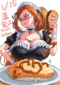 1girl black_shirt blush bottle braid breasts cleavage commentary_request dated food food_focus ge_xi happy_birthday highres holding holding_bottle ketchup_bottle large_breasts maid maid_headdress middle_finger omelet omurice plate shirt short_sleeves solo waitress white_background wrist_cuffs yellow_eyes