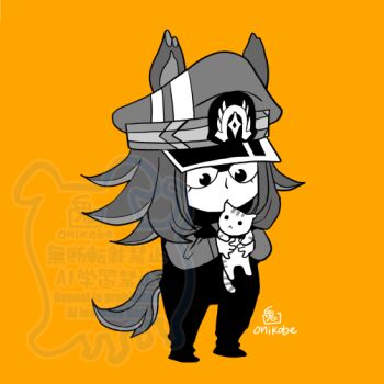Rule 34 | 1girl, animal, animal ears, cat, chibi, chibi only, commentary request, fenomeno (umamusume), flipped hair, full body, greyscale, hat, holding, holding animal, holding cat, horse ears, horse girl, horse tail, long hair, monochrome, onikobe rin, orange background, peaked cap, simple background, solo, standing, tail, umamusume, watermark