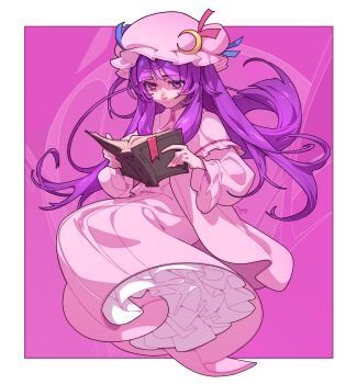 1girl book border closed_mouth color_wheel_challenge crescent crescent_hat_ornament double_bun dress hair_bun hat hat_ornament highres long_hair making-of_available mob_cap multiple_drawing_challenge patchouli_knowledge petticoat pink_background pink_dress pink_hat pink_theme purple_eyes purple_hair reading soemy solo touhou white_border