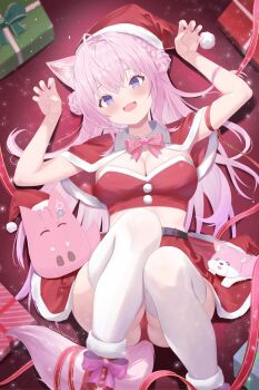 1girl animal_ears breasts cleavage commentary_request fang fur-trimmed_headwear fur-trimmed_tube_top fur_trim hakui_koyori hat highres hololive kei_(keiillustrator) large_breasts long_hair looking_at_viewer lying on_back open_mouth pink_hair purple_eyes red_tube_top santa_costume santa_hat skin_fang solo strapless tail thighhighs tube_top very_long_hair virtual_youtuber white_thighhighs wolf_ears wolf_girl wolf_tail