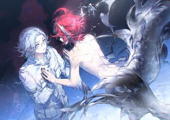 2boys against_glass ahoge air_bubble alternate_costume aotsuki_eito arm_fins black_gloves black_streaks blue_eyes breast_pocket bubble chinese_commentary commentary_request different_reflection fanfiction_available fins glasses gloves grey_hair hand_on_glass head_fins jacket looking_at_another male_focus merman monster_boy monsterification multicolored_hair multiple_boys pandasiren parted_lips pocket red_hair reflection short_hair streaked_hair sumino_takumi swimming the_hundred_line_-last_defense_academy- two-tone_hair watermark white_jacket