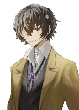 1boy bandage_over_one_eye bandaged_neck bandages bolo_tie brown_coat brown_eyes bungou_stray_dogs closed_mouth coat collared_shirt commentary dazai_osamu_(bungou_stray_dogs) english_commentary highres looking_at_viewer male_focus shirt simple_background solo ufomelet_et upper_body vest waistcoat white_background white_shirt