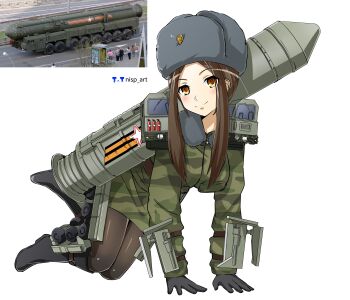 1girl absurdres all_fours ballistic_missile blush brown_eyes brown_hair camouflage facing_viewer full_body gloves hat highres intercontinental_ballistic_missile long_hair long_sleeves looking_at_viewer military military_uniform missile nisp_art original personification photo-referenced ribbon_of_saint_george rs-24_yars russian_ground_forces smile ushanka white_background