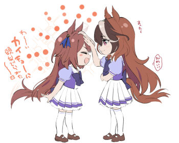 Rule 34 | 2girls, afterimage, aged down, animal ears, blush, blush stickers, bow, bowtie, brown hair, brown shoes, chibi, closed eyes, closed mouth, commentary request, ear wiggle, headpat, horse ears, horse girl, horse tail, long hair, motion lines, multicolored hair, multiple girls, open mouth, pleated skirt, profile, puffy short sleeves, puffy sleeves, purple eyes, purple shirt, sailor collar, sailor shirt, school uniform, shirt, shoes, short sleeves, sideways mouth, simple background, skirt, smile, speech bubble, standing, streaked hair, summer uniform, symboli rudolf (umamusume), tail, tail wagging, taromarun, thighhighs, thought bubble, tokai teio (umamusume), tracen school uniform, umamusume, white background, white hair, white skirt, white thighhighs