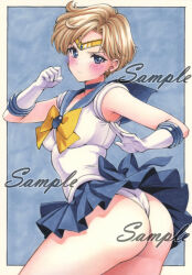 1girl ass bishoujo_senshi_sailor_moon blonde_hair blue_choker blue_eyes blue_sailor_collar blue_skirt bow bowtie breasts choker gloves leotard medium_breasts miyakooo0420 panties pleated_skirt sailor_collar sailor_senshi sailor_senshi_uniform sailor_uranus short_hair skirt solo ten&#039;ou_haruka traditional_media underwear wedgie white_gloves white_panties yellow_bow yellow_bowtie