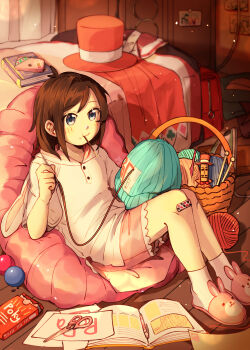 1girl absurdres ace_attorney animal_hood artist_name backpack bag bandaid bandaid_on_knee bandaid_on_leg basket bean_bag_chair book brand_name_imitation brown_hair eating food hat highres hood hood_down indoors knitting knitting_needle littlemay528 medium_hair mouth_hold mr_hat_(ace_attorney) needle open_book pencil photo_(object) pocky shirt sitting slippers socks solo sticker trucy_wright unworn_backpack unworn_bag unworn_hat unworn_headwear white_shirt white_socks wooden_floor yarn